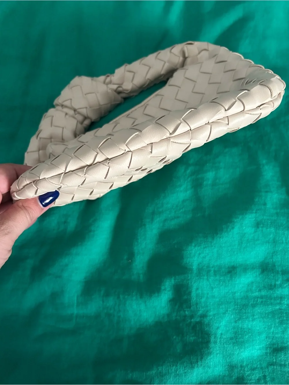 Cream Woven Knot Handle Hobo Bag | Vegan Leather Mini Shoulder Purse Description